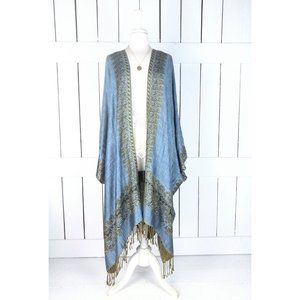 Steel blue pashmina paisley floral border fringe kimono cover up jacket